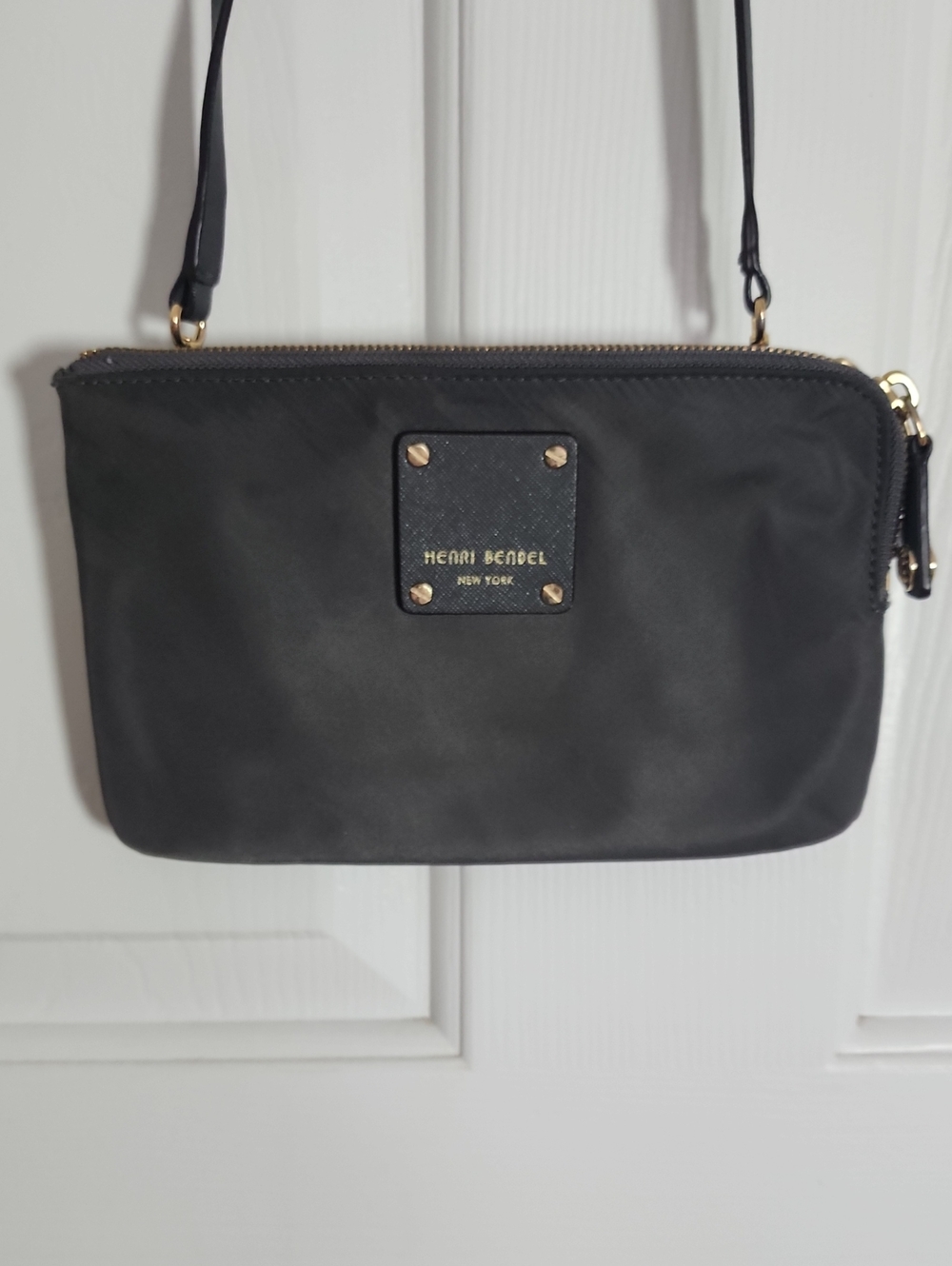 Vintage Henri Bendel Dark Grey Nylon Crossbody with Gold Accents